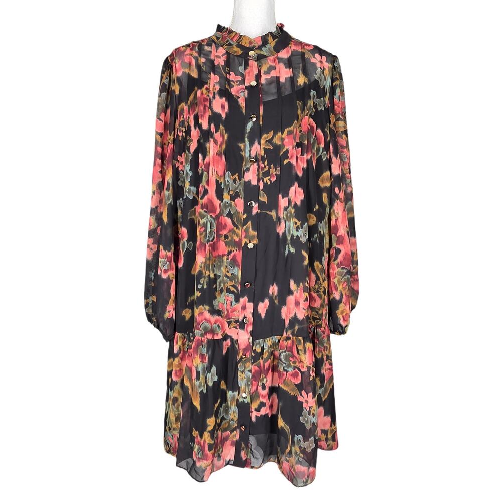 MAIA BLACK FLORAL LONG‑SLEEVE BUTTON-UP DRESS – SIZE 20W – SHEER BACK